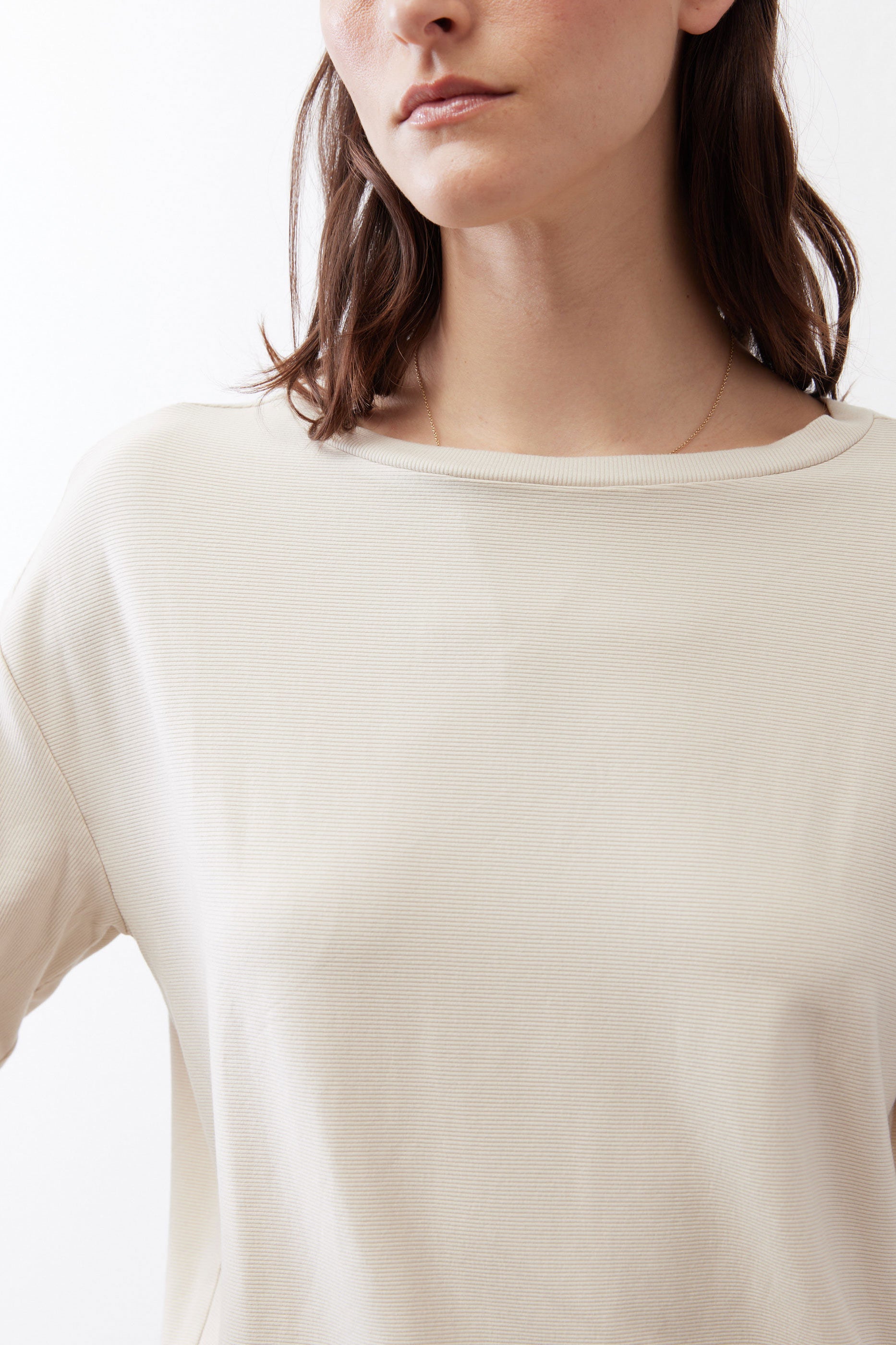 Cloud long-sleeve top, crew neck close-up with smooth fabric