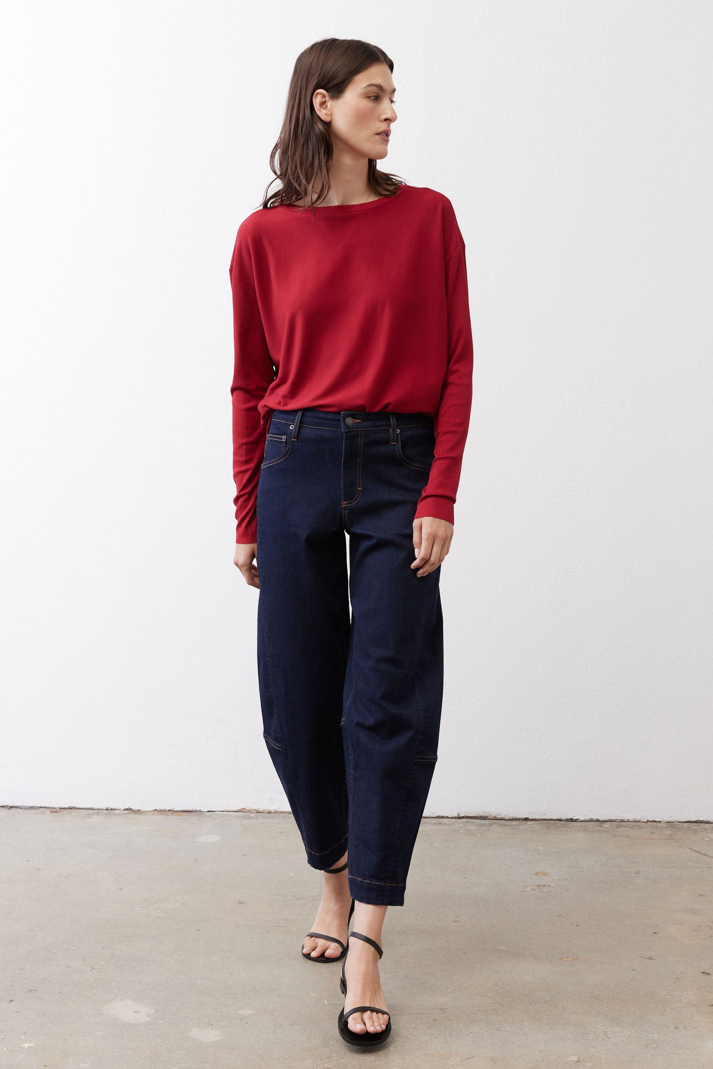 Garnet long-sleeve crewneck top with straight hem