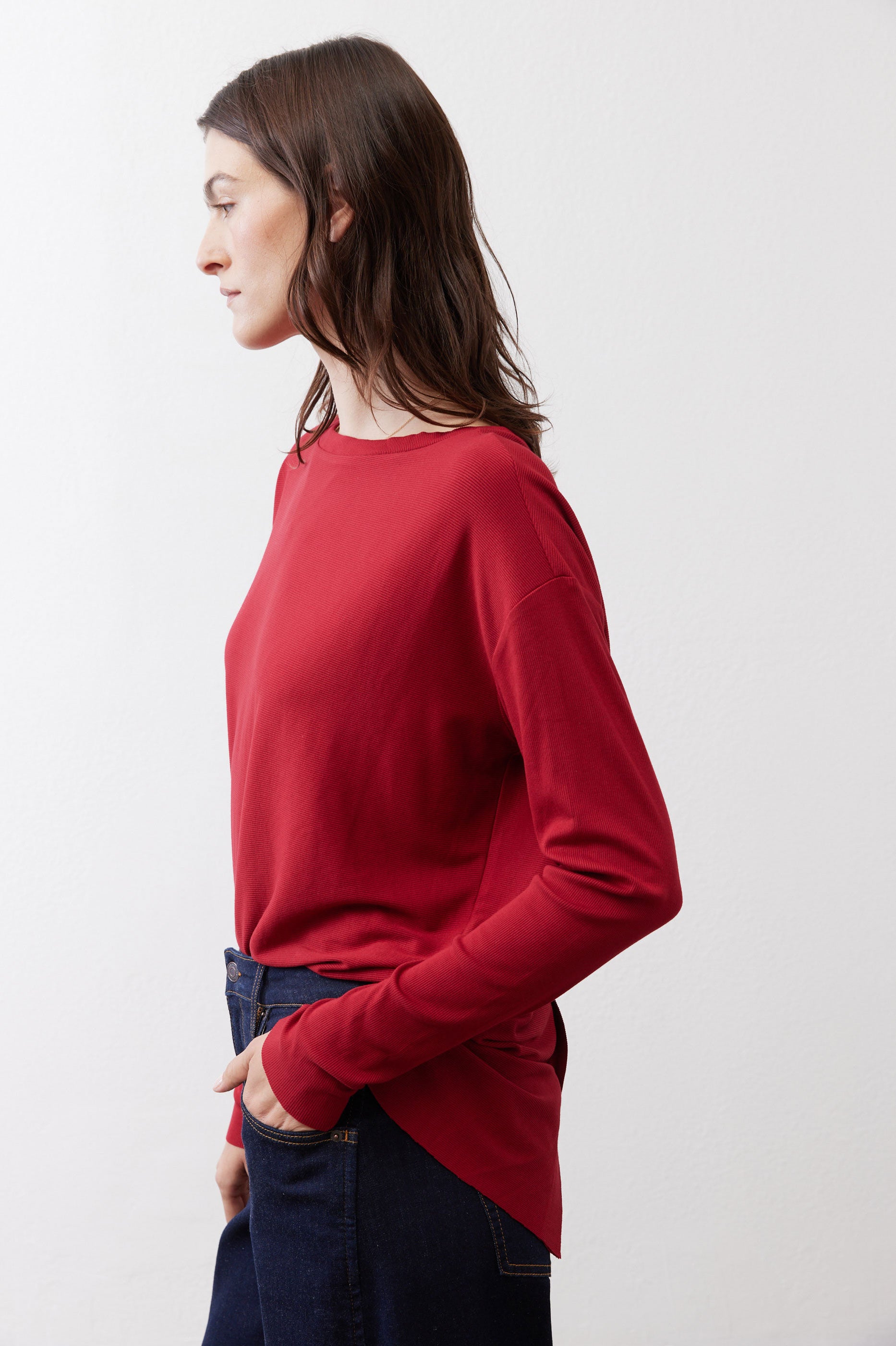 Garnet long-sleeve top with side drape