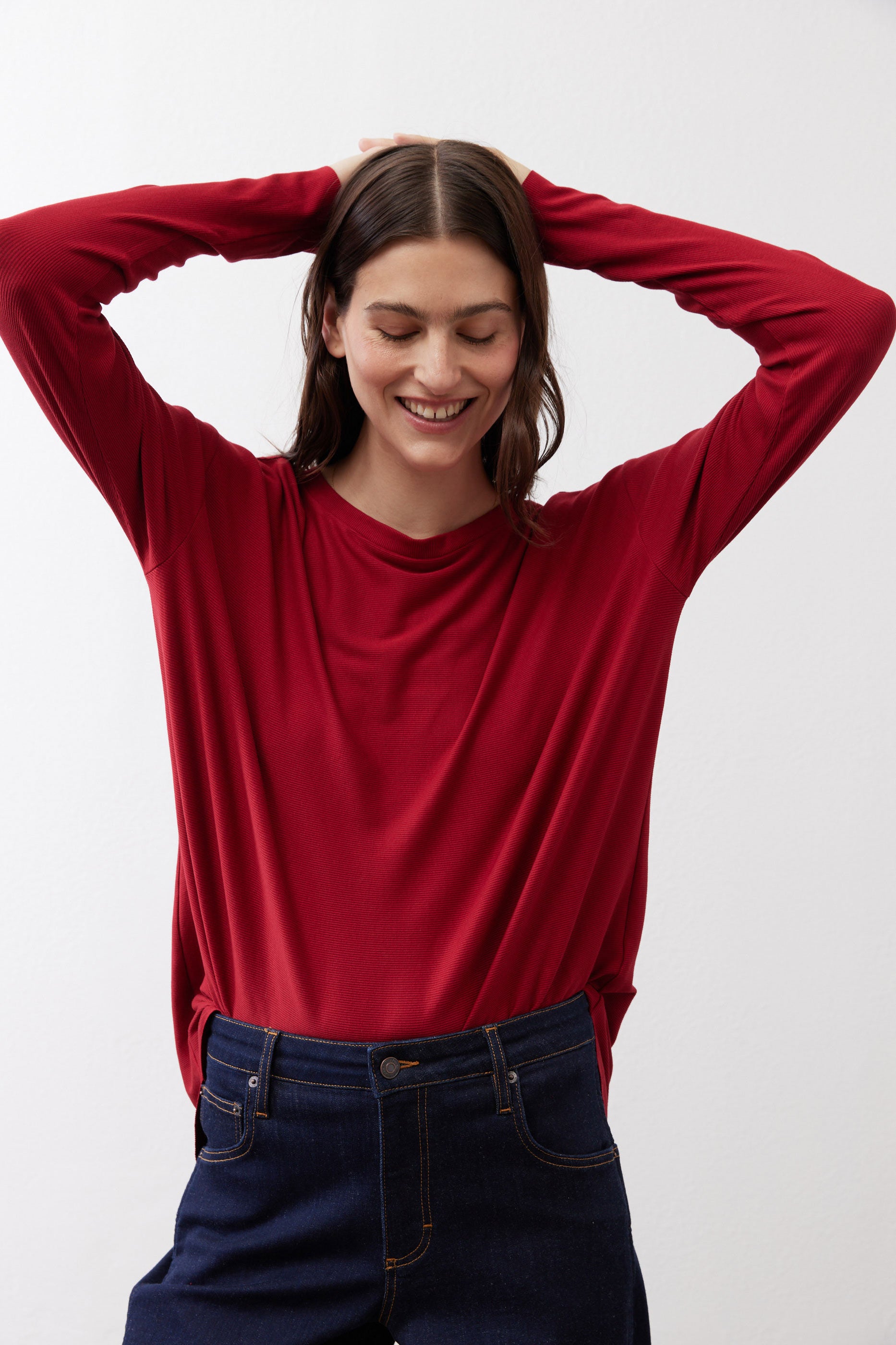 Garnet long-sleeve crewneck top with relaxed fit