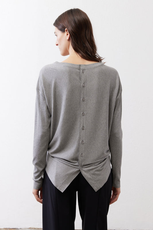 Gray melange button-back long-sleeve top with gathered knotted back hem