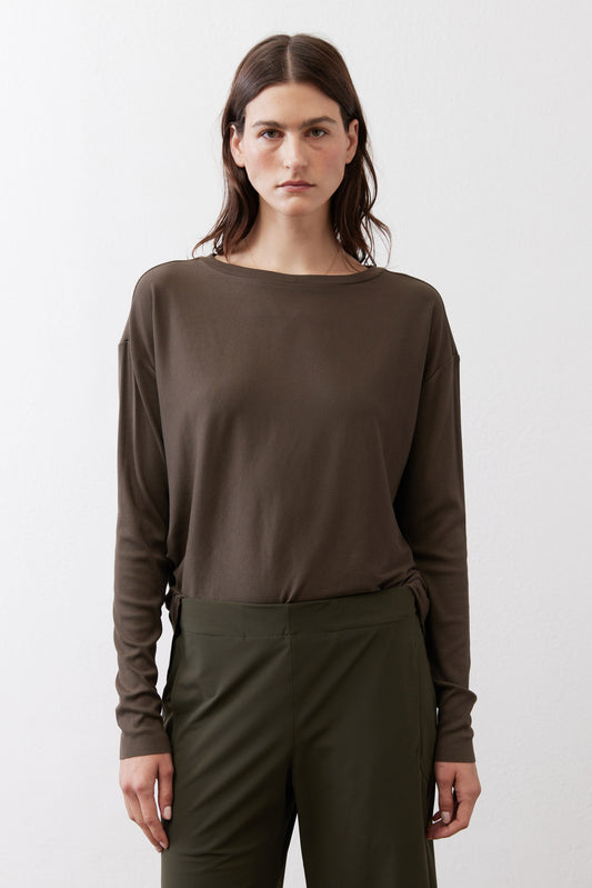 Olive long-sleeve crewneck top, front view
