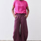 Deep purple wide-leg pants with gathered elastic waist and side pockets