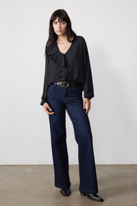 Black flounce V-neck top with long sleeves and layered ruffle front