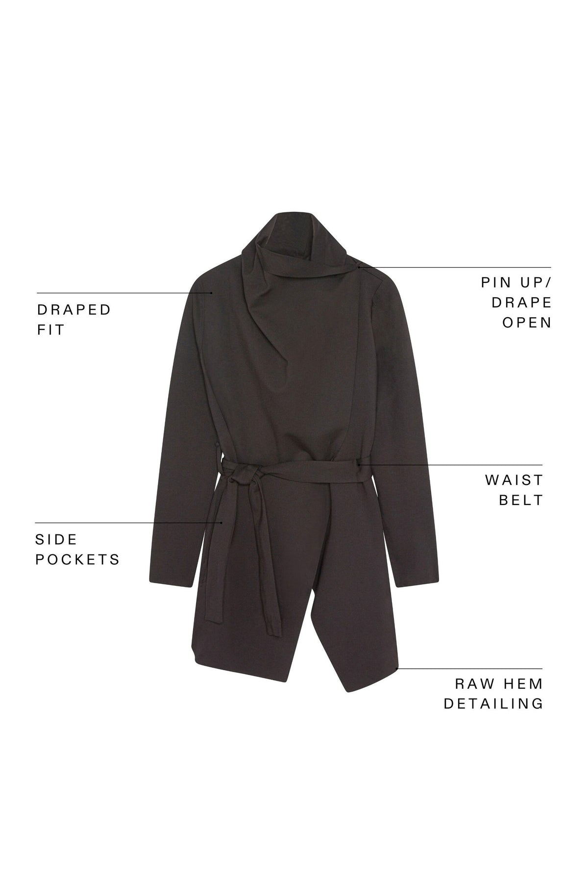 Black draped jacket with waist belt, side pockets, open front, and raw hem