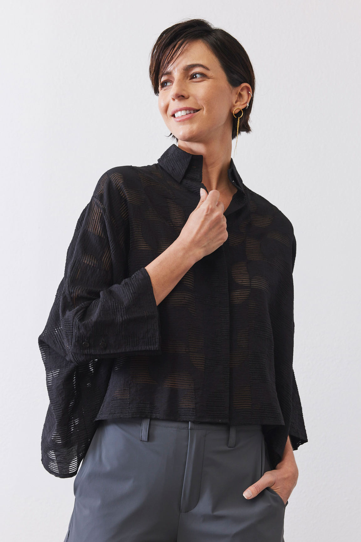 Oversized Geo Sheer Cropped Blouse