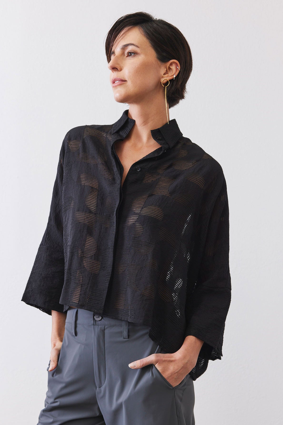 Oversized Geo Sheer Cropped Blouse