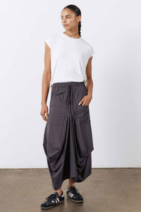 Graphite cargo-style midi skirt with elastic drawstring waist and roomy draped silhouette