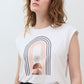White sleeveless graphic tee showing centered rainbow arch design