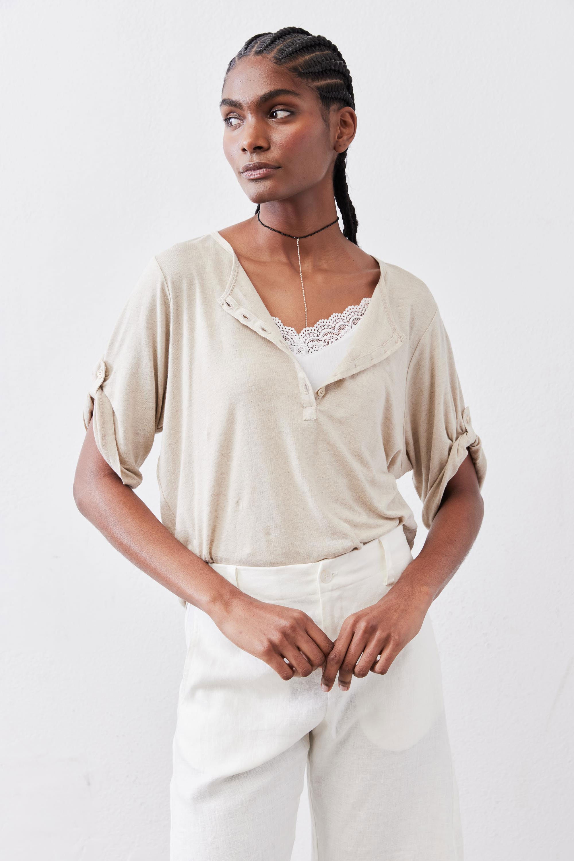 Half Button Elbow Sleeve Top
