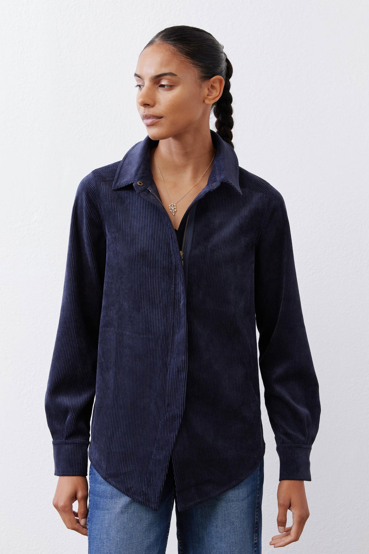 Navy corduroy zip-front shirt jacket with spread collar and long sleeves
