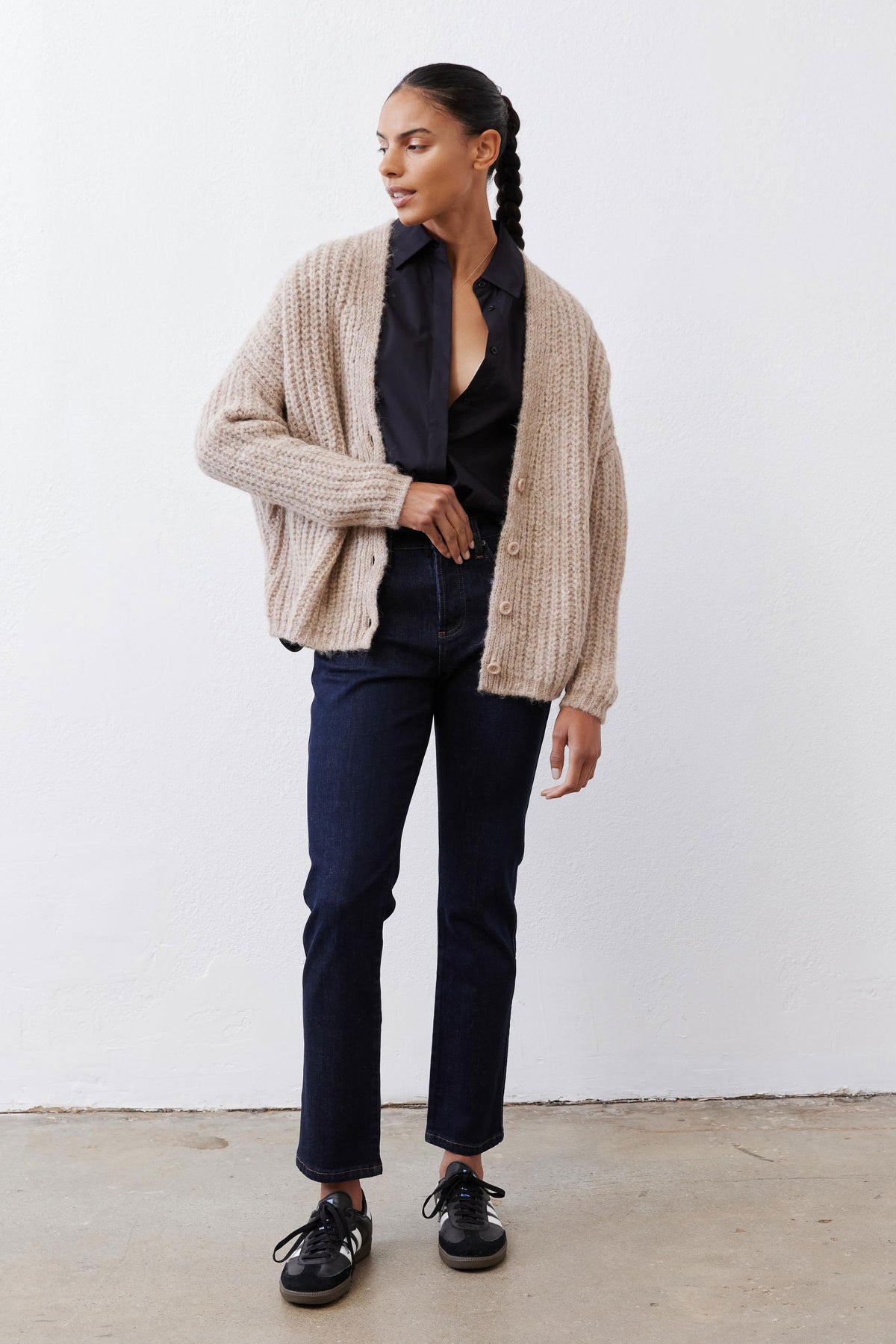 Oatmeal knit cardigan with button front, ribbed cuffs and hem
