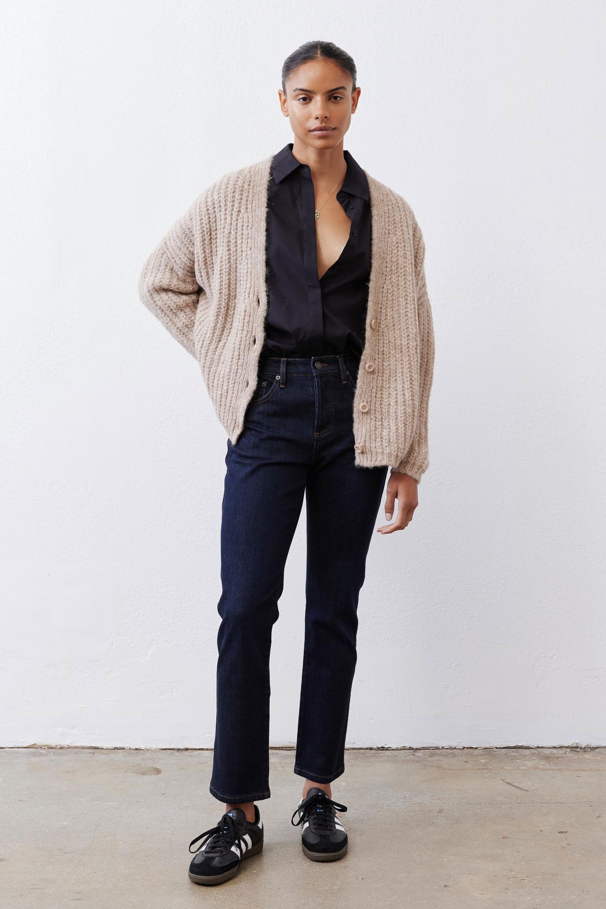 Oatmeal knit cardigan with V-neck, button front, relaxed sleeves