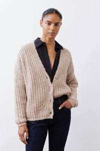 Oatmeal knit cardigan with open front and large buttons, long sleeves