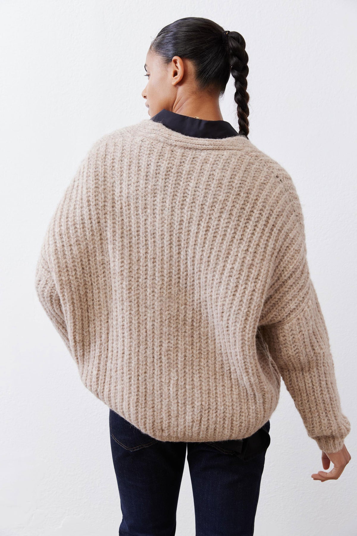 Oatmeal knit cardigan back view with textured knit and long sleeves
