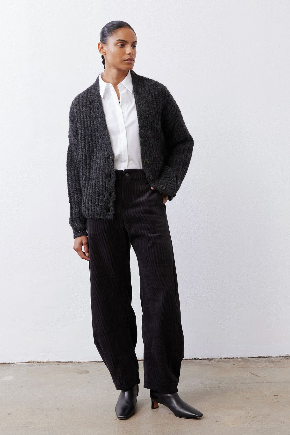 Charcoal heather knit cardigan, button front, ribbed cuffs and hem