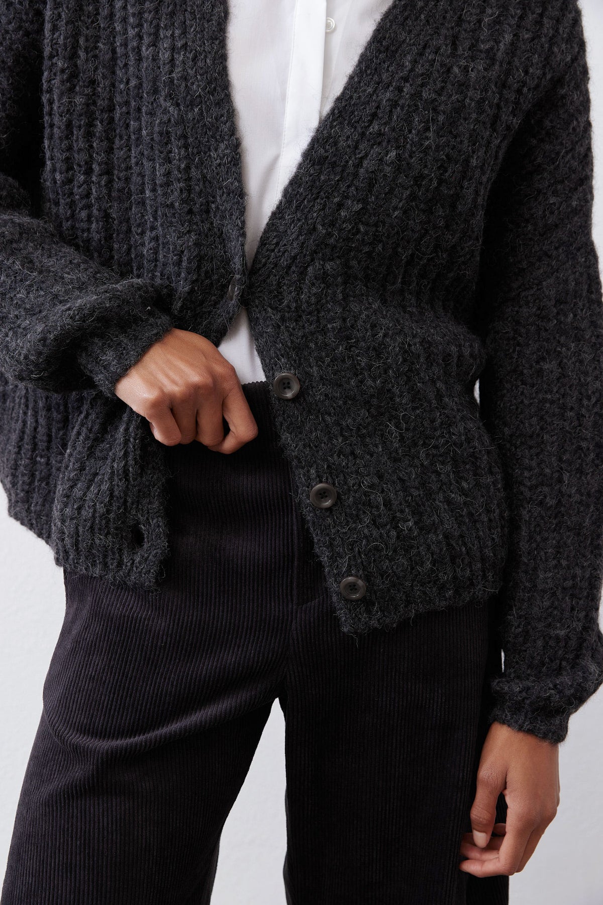 Knit cardigan close-up: button placket, shawl collar, ribbed cuffs, heather charcoal