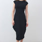 Black short-sleeve jersey dress, front view, midi length, gently flared hem
