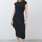 Black short-sleeve jersey dress, midi length, side drape with curved hem