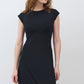 Black short-sleeve jersey dress, front view, fitted body with midi hem