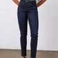 Dark blue fitted jeans with five pockets, belt loops, and straight slim legs