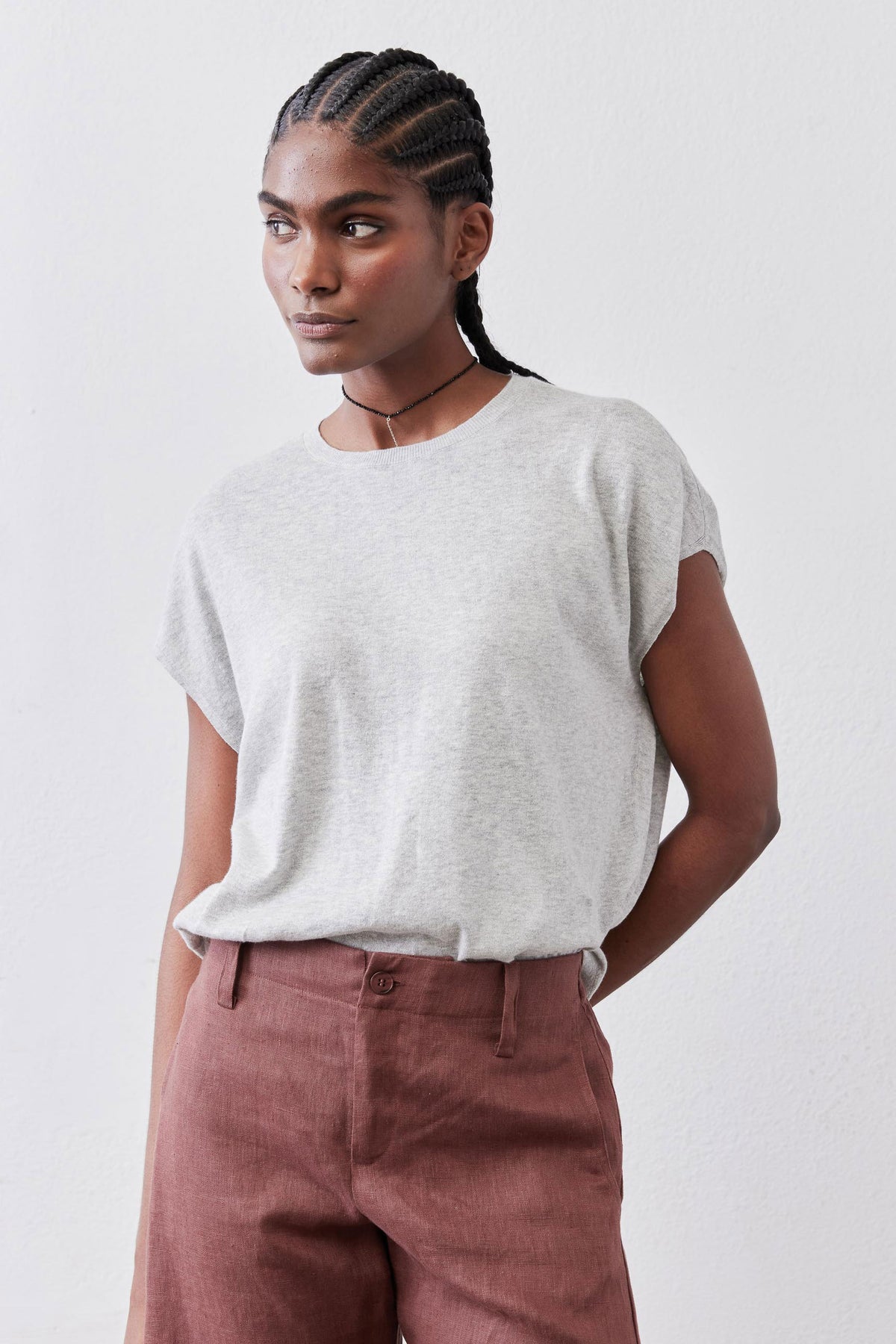 Light sweater top in heather light gray, draped short-sleeve style