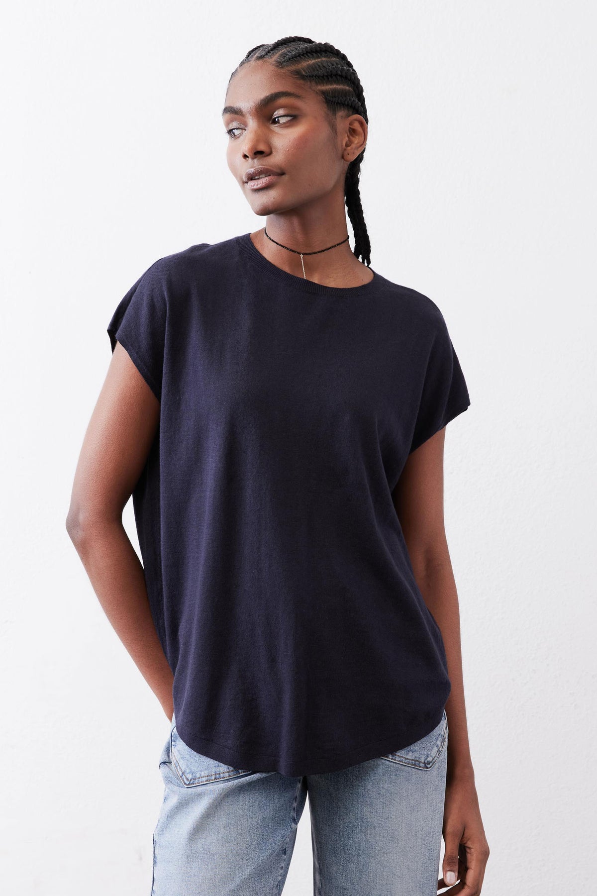 Midnight navy lightweight sweater top, short sleeves, crew neck