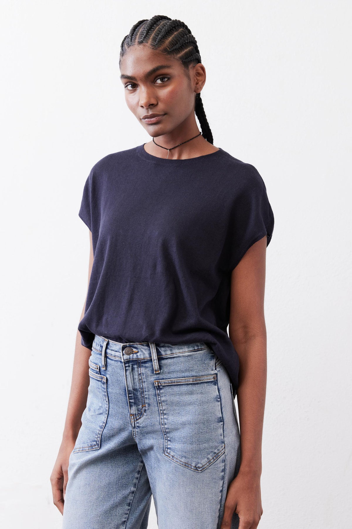 Midnight navy lightweight sweater top, relaxed fit, crew neck, short sleeves