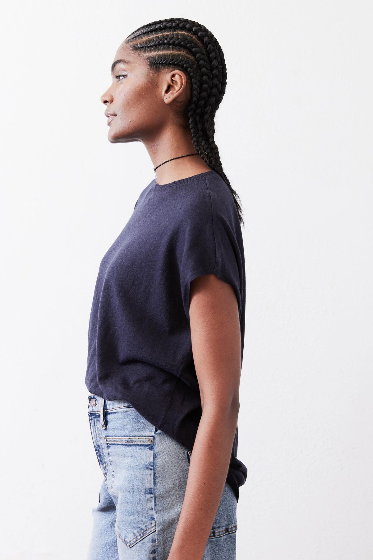 Midnight navy lightweight sweater top, short sleeves, crew neck, side view