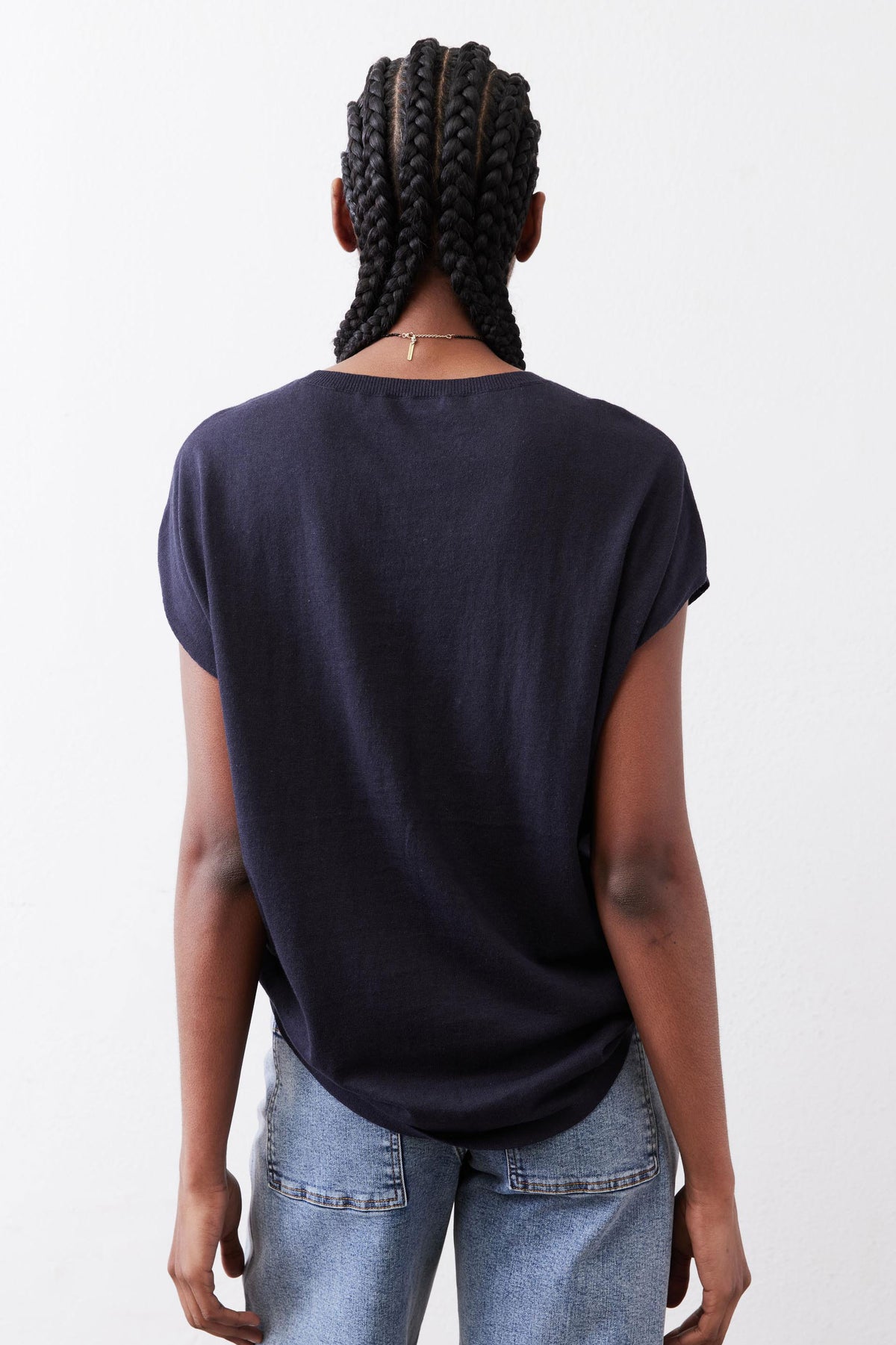 Midnight navy lightweight sweater top, crew neck, short sleeves, back view