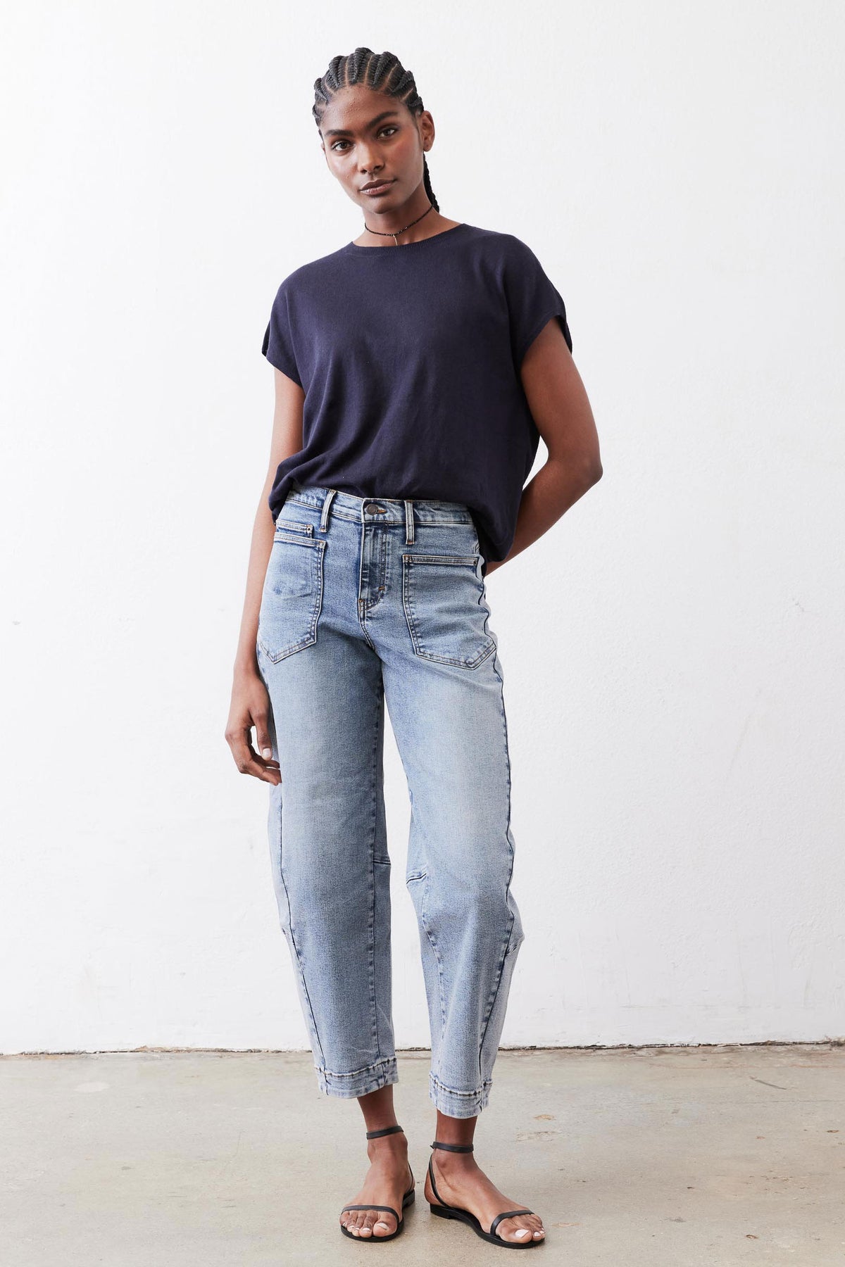 Midnight navy lightweight sweater top, crew neck, short sleeves, full length view