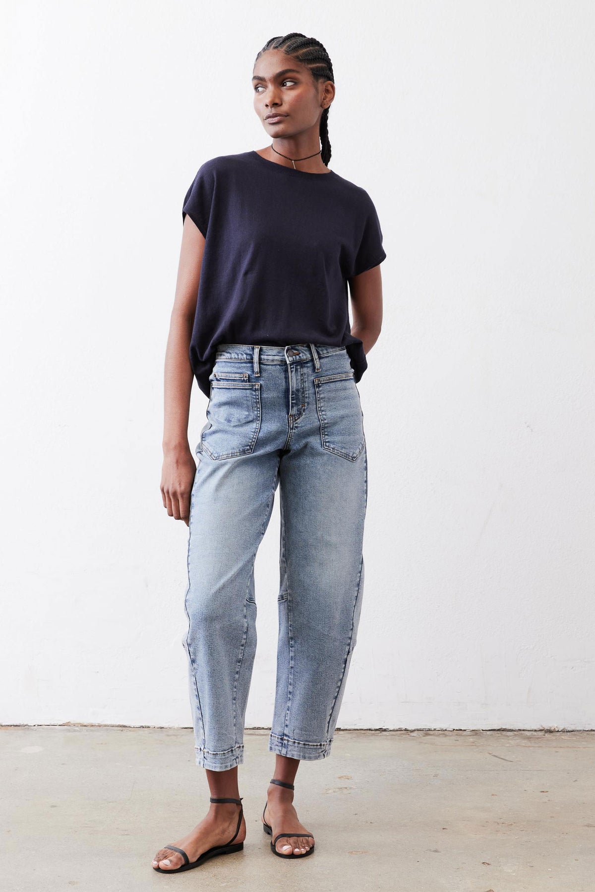 Midnight navy lightweight sweater top, crew neck, short sleeves, front view