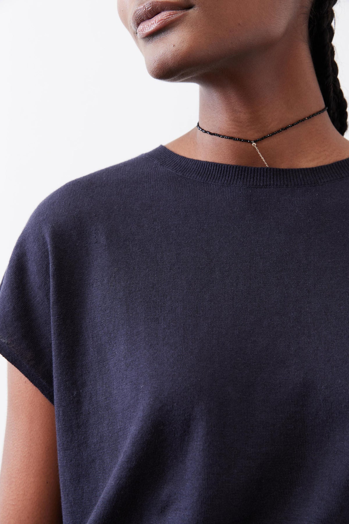 Midnight navy sweater top close-up, crew neck ribbing, short sleeves