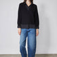 Black knit pullover sweater shirt with collared V-neck and button placket