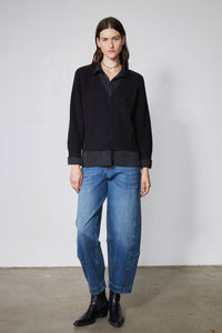 Black knit pullover sweater shirt with collared V-neck and button placket