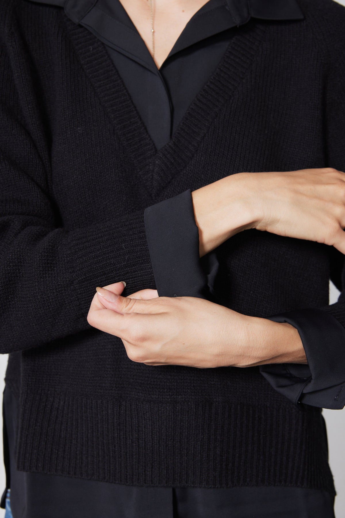 Black knit sweater shirt close-up of button placket and cuff