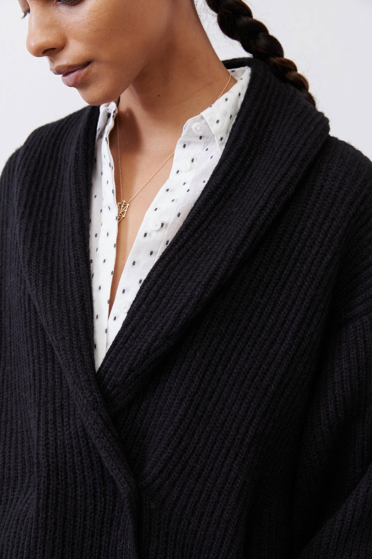 Black knit shawl cardigan neckline with V-shaped shawl collar and buttons