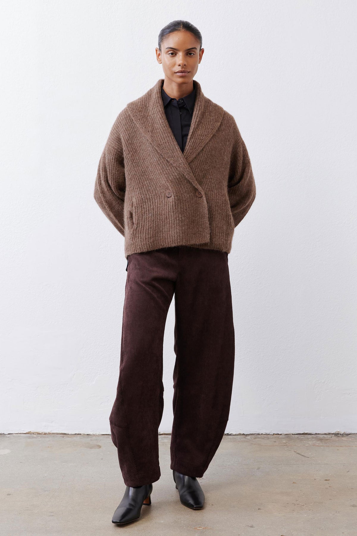 Oatmeal shawl-collar knit cardigan with button front, long sleeves, relaxed fit