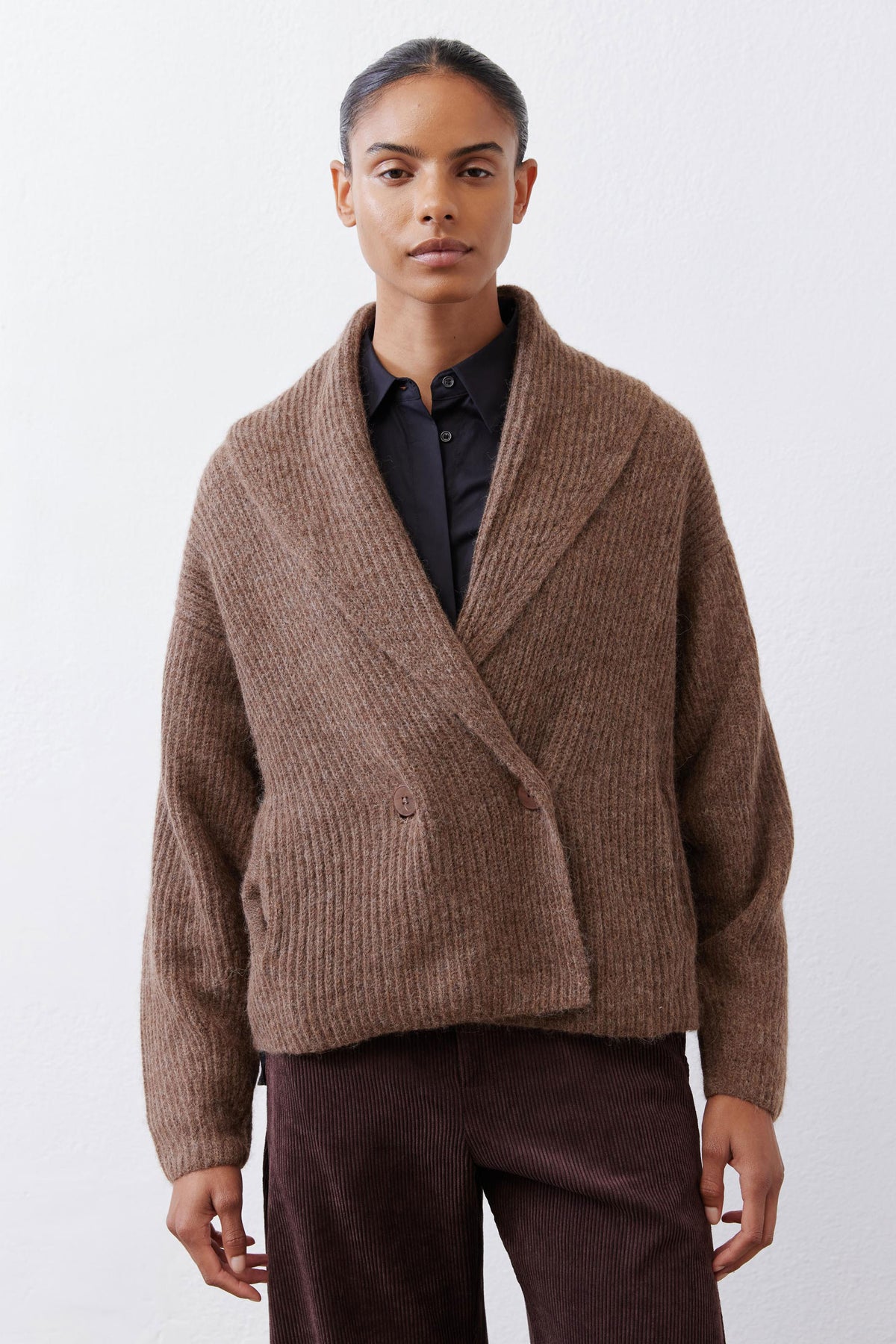 Oatmeal knit cardigan with wrap-style shawl collar and button placket