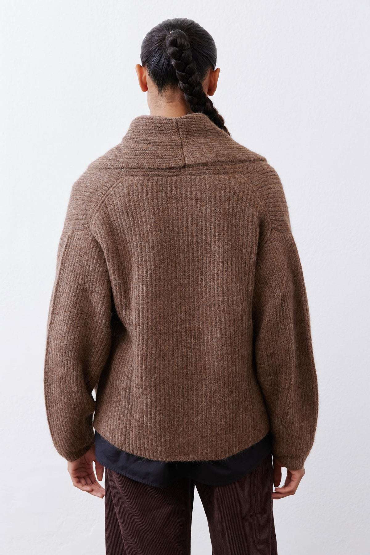 Oatmeal knit cardigan, back view with shawl collar and ribbed yoke detail