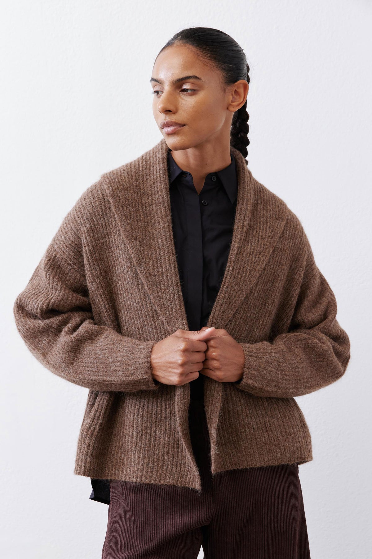 Oatmeal knit shawl-collar cardigan with button front, long sleeves, front view