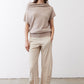 Misty gray short-sleeve sweater with draped cowl neckline and ribbed hem