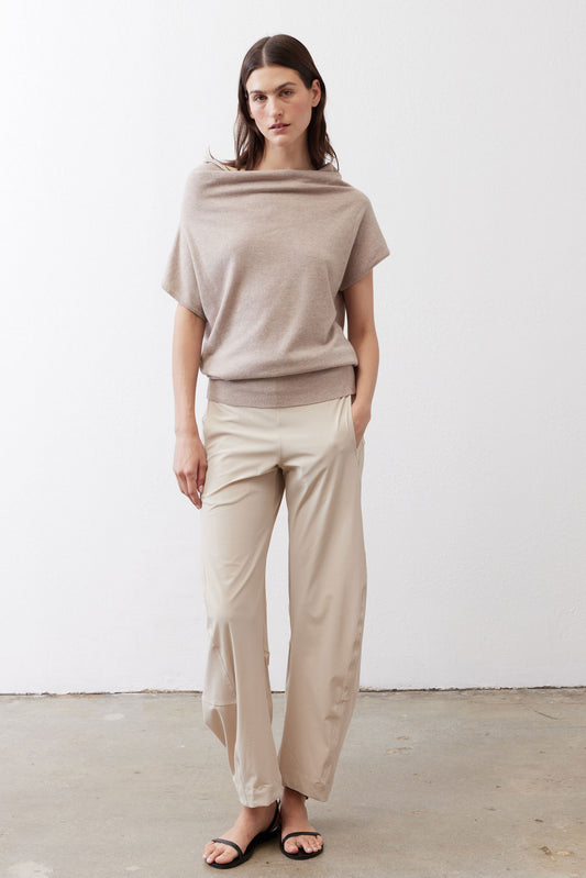 Misty gray short-sleeve sweater with draped cowl neckline and ribbed hem
