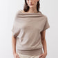 Misty gray short-sleeve sweater with loose drape and wide cowl collar