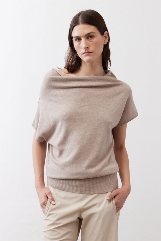 Misty gray short-sleeve sweater with loose drape and wide cowl collar