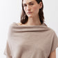 Misty gray cowl-neck short-sleeve sweater with soft drape and ribbed hem