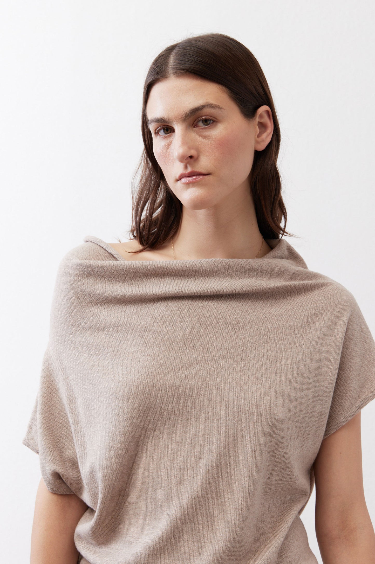 Misty gray cowl-neck short-sleeve sweater with soft drape and ribbed hem