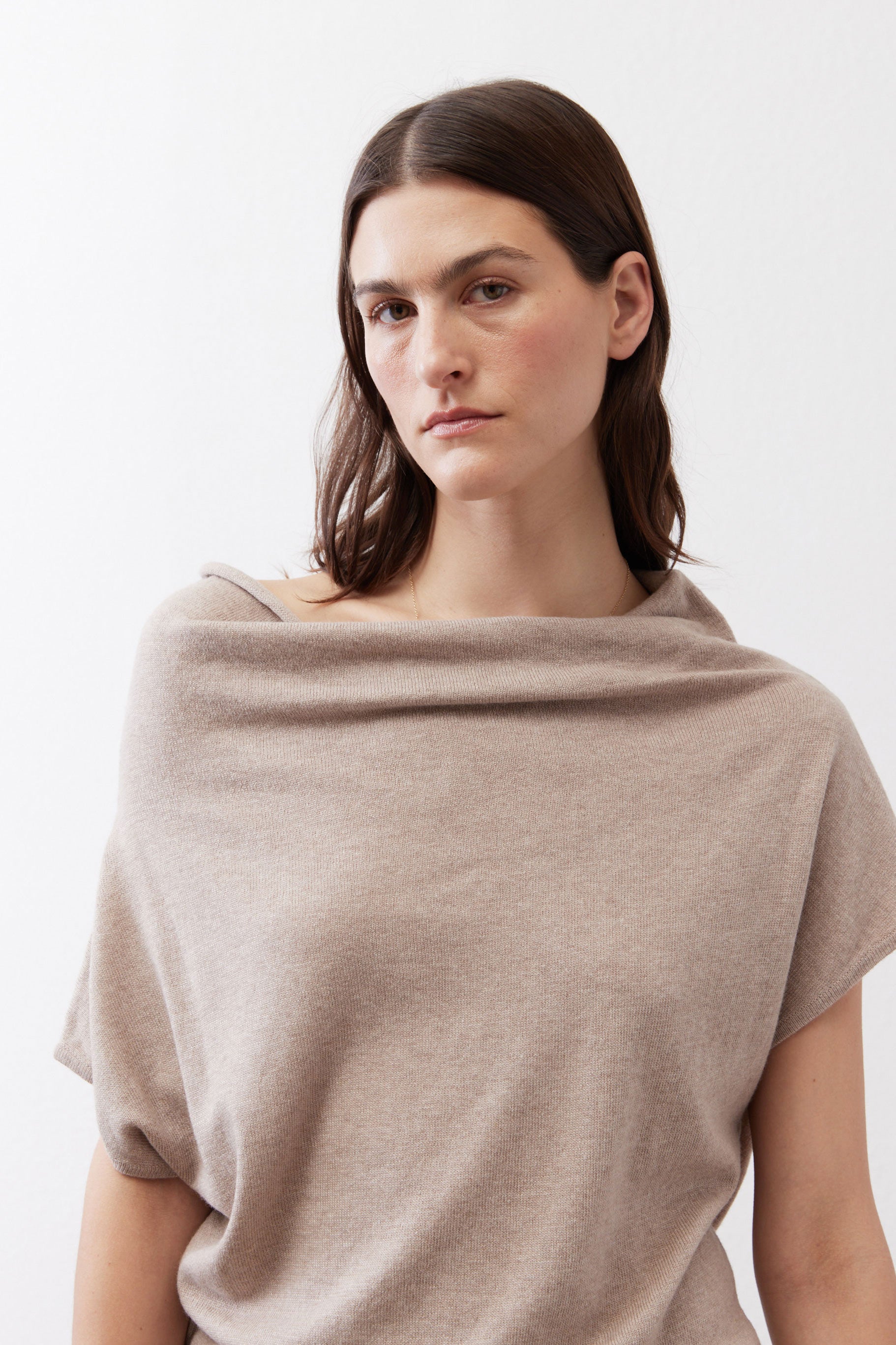 Misty gray cowl-neck short-sleeve sweater with soft drape and ribbed hem