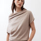 Misty gray short-sleeve sweater with draped cowl neck and ribbed bottom