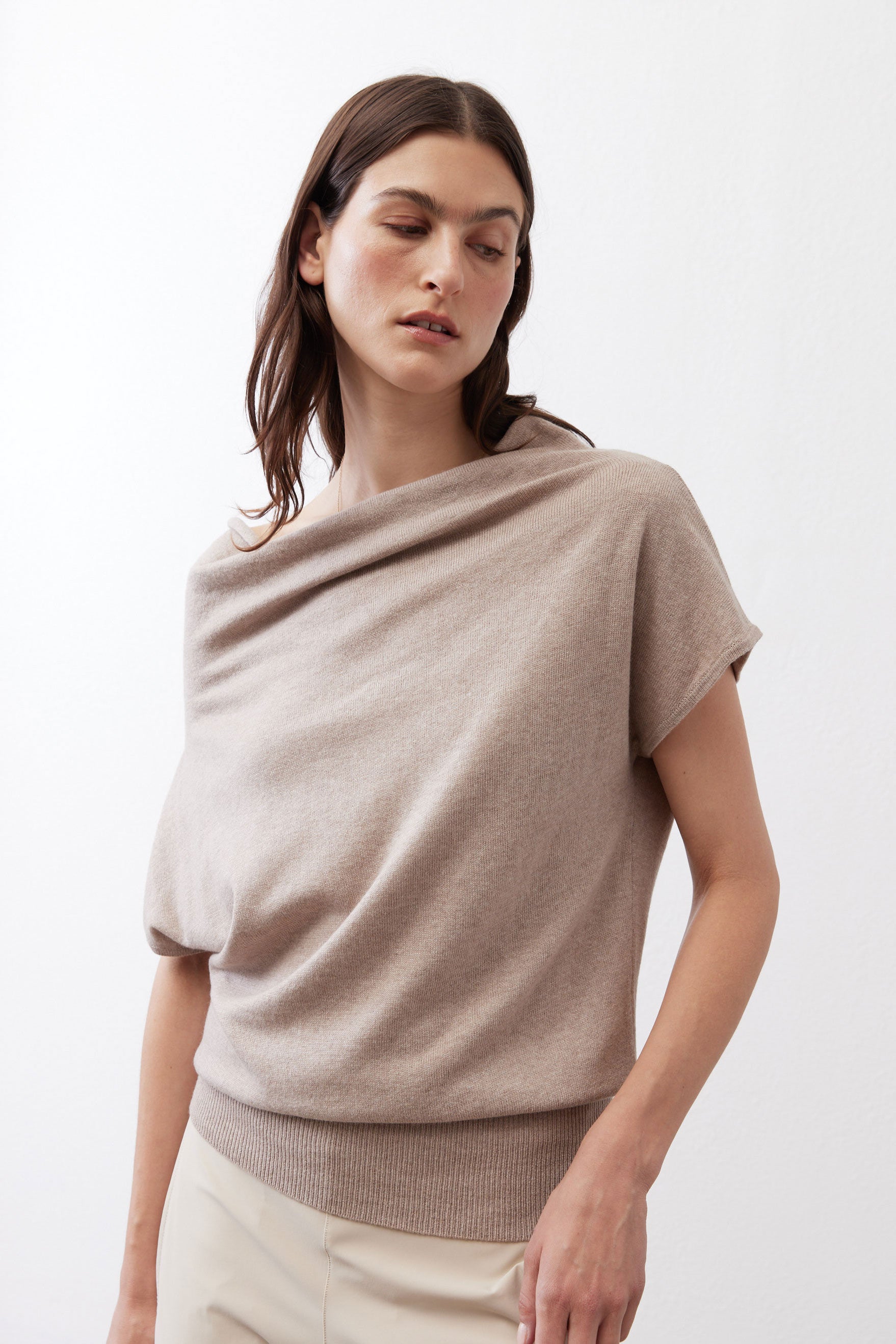 Misty gray short-sleeve sweater with draped cowl neck and ribbed bottom